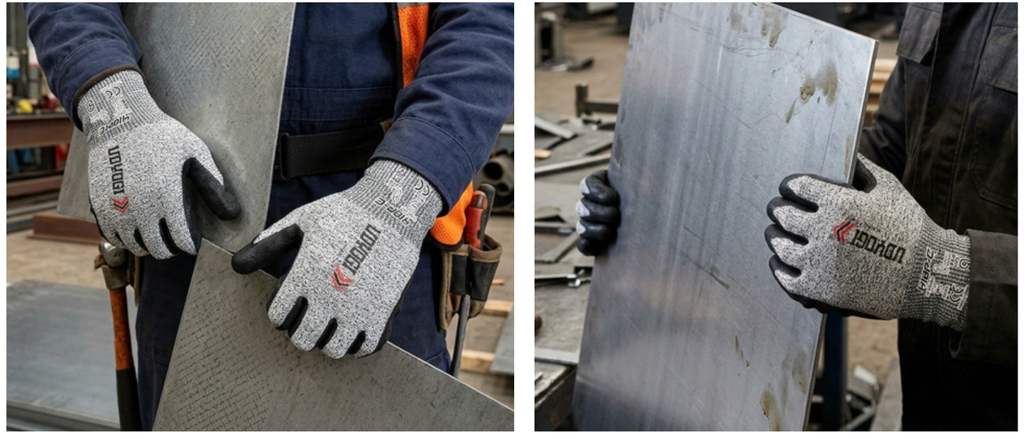 Two side-by-side views of a person wearing gray knit work gloves with black fingertips and a visible Kevlar logo, holding a large metal sheet in an industrial workshop setting.