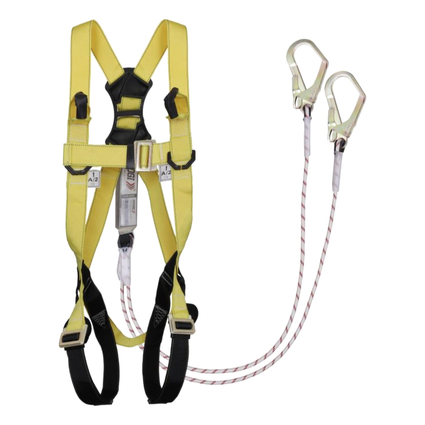 Udyogi UB102 full body safety harness in yellow and black webbing with energy absorbing lanyard and scaffolding hook
