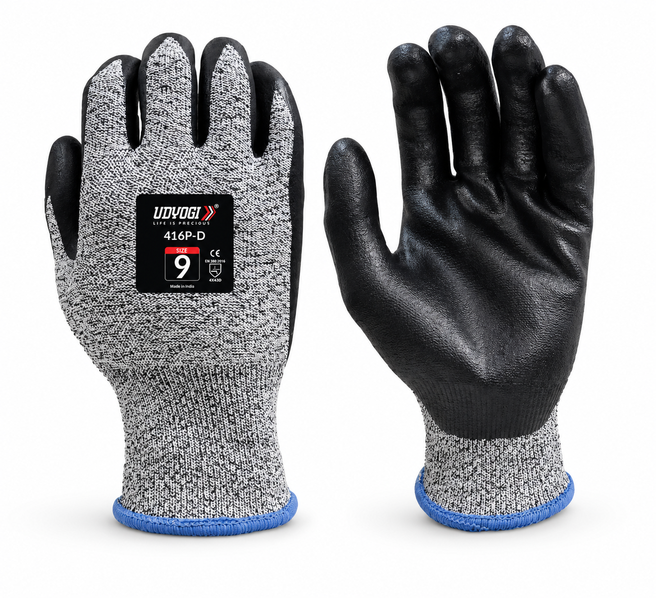 Udyogi 416P-D Cut Resistant Level 5 Safety Gloves | EN 388:2016 Level 4X43D (Pack of 10)