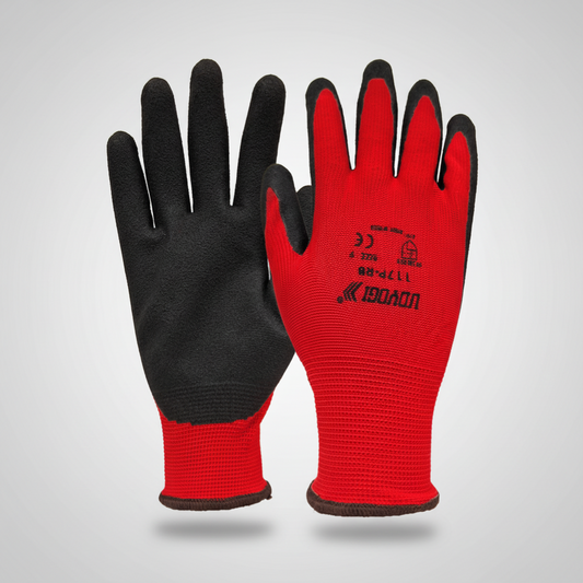 A pair of red and black work gloves shown against a plain white background, with one glove displaying the black-painted palm side and the other showing the red back with printed specifications.