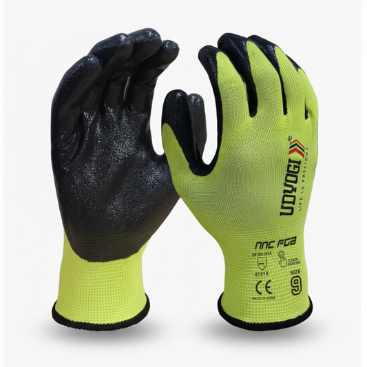 A pair of high-visibility neon yellow-green work gloves with black coated fingertips and palms, shown against a plain light gray background. One glove is oriented to show the back with printed text and symbols, and the other shows the palm side.