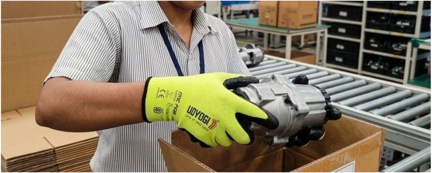 A person wearing a white striped shirt and a bright yellow UDYOG hand glove holds a silver mechanical part over a cardboard box in a warehouse or assembly area.