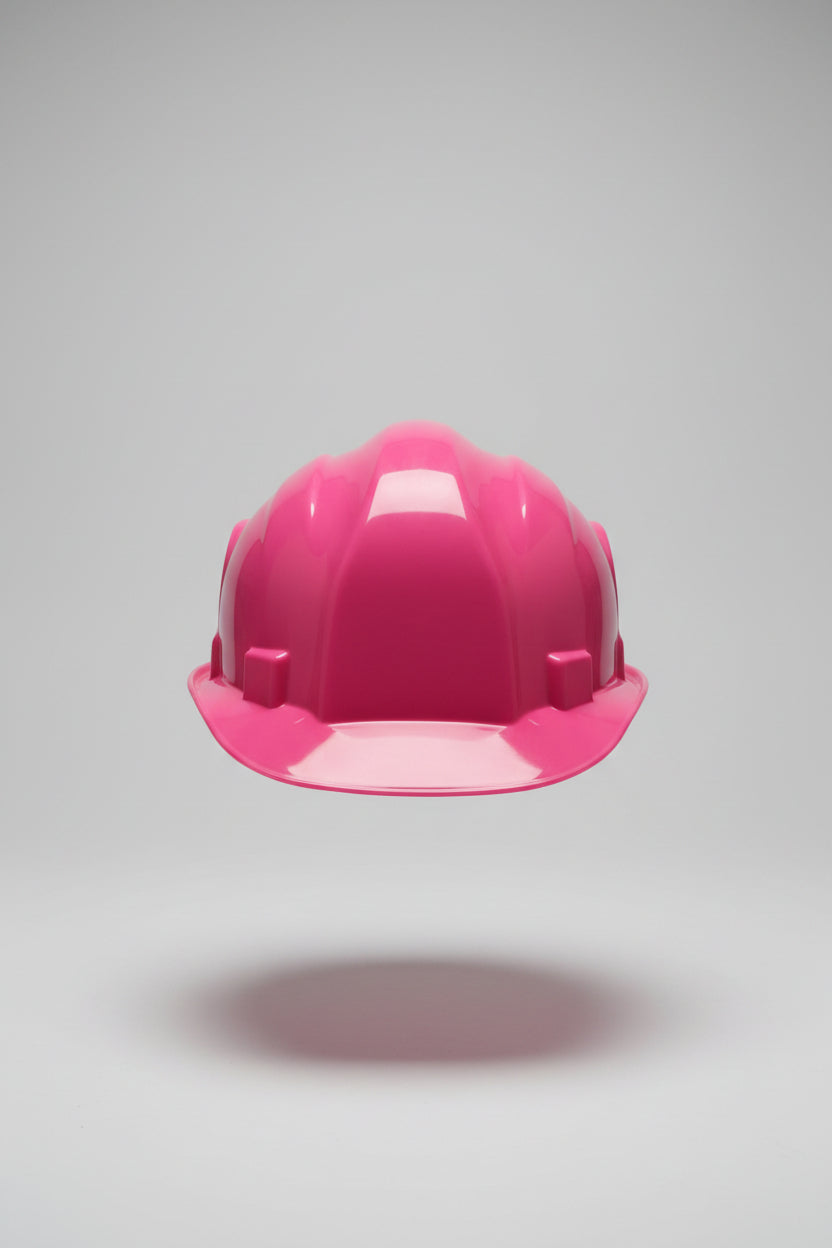 Pink hard hat held by a hand against a neutral background