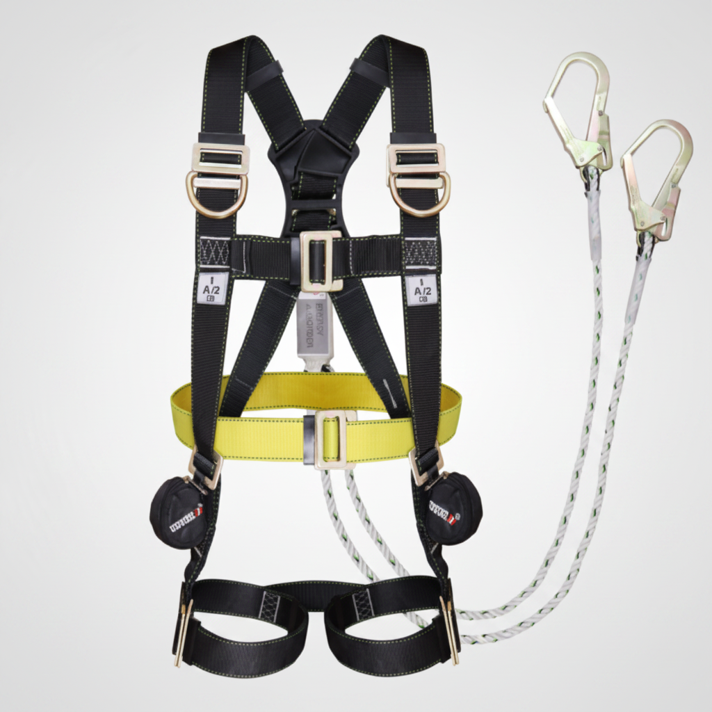 A black and yellow safety harness with metal D-rings, quick-release buckles, two black carabiners, and two white braided rope sections with metal clips, shown on a plain white background.