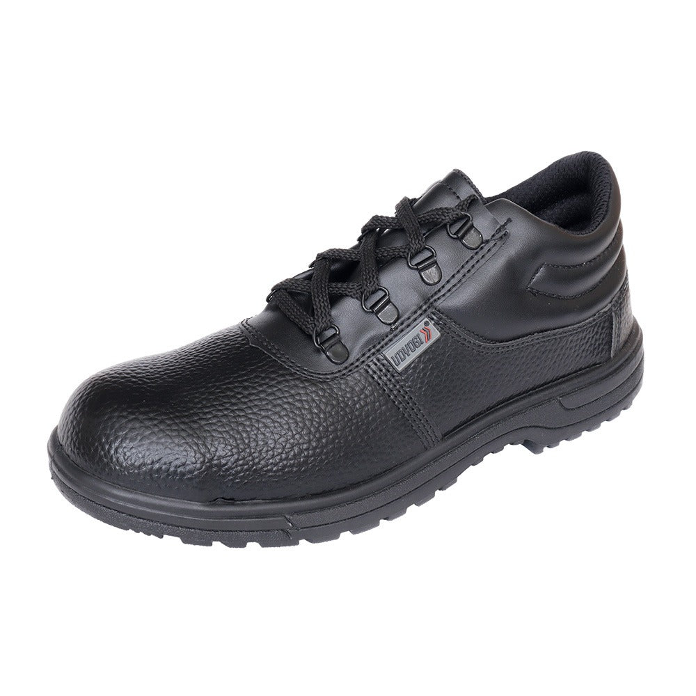 Udyogi U-Force 1020 black synthetic leather safety shoe with 100J steel toe cap, angled view