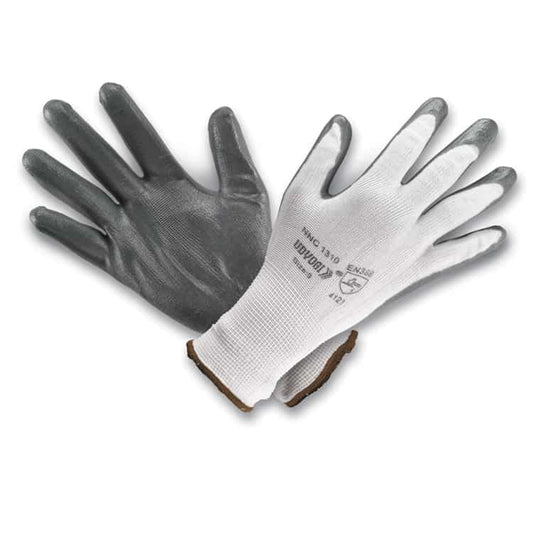 Udyogi White Grey NNC-1310 (13 Gauge Nylon Liner / Nitrile Palm Coated) Safety Glove (Pack of 100)